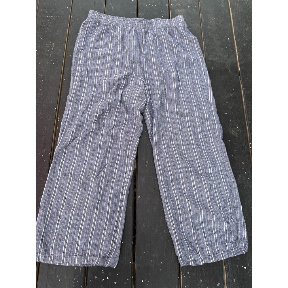 Linda Anderson Womens Cropped Pant Size L Linen Blend Wide Leg Blue Stripe
